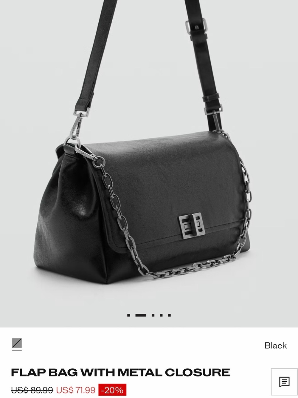 Mango Black Leather-Look Flap Shoulder Bag with Chain